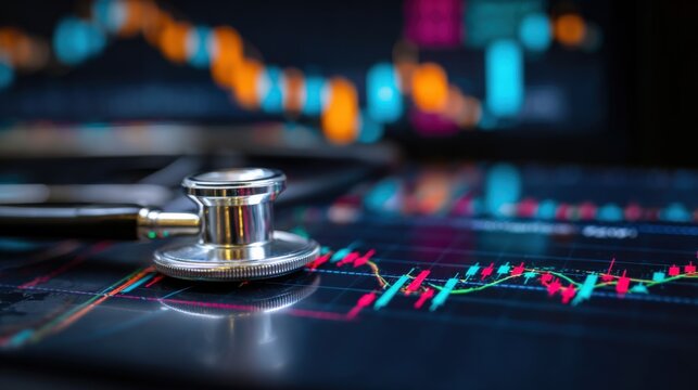 Healthcare Investment Analysis: Stethoscope on Financial Chart Displaying Stock Market Performance and Economic Indicators