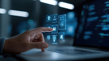 AI Interface Activation: A Hand Interacting with a Holographic Display on a Laptop, Showcasing Modern Technology