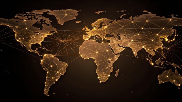 The image shows a world map with glowing lines and points, representing a global