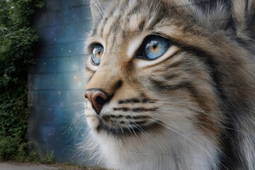 Obraz premium Cat mural with blue eyes and cosmic galaxy background