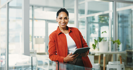 Portrait, employee and woman with tablet in office, journalist and internship for career development. Trainee, reporter and African person with experience opportunity, media and confident in newsroom