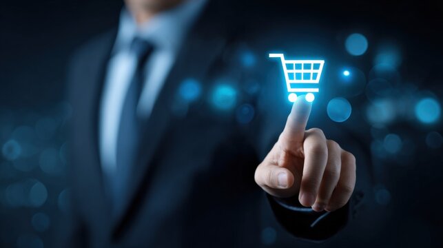 Businessman touching virtual shopping cart, symbolizing online retail and e-commerce with futuristic digital interface