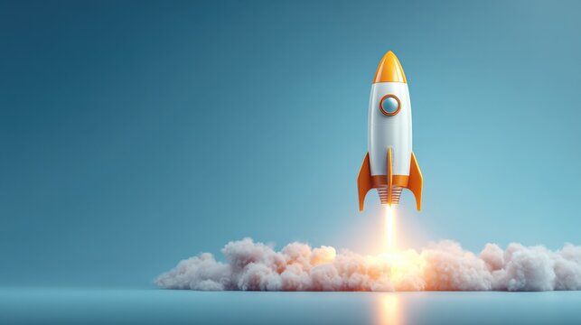 Cartoon Rocket Launching on Blue Background Represents Startup, Innovation, and Business Growth, Clipping Path