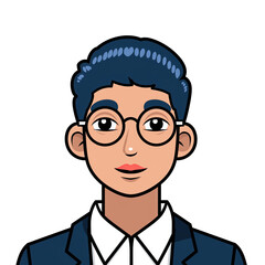 Pixelated Portrait of a Person Wearing Glasses and a Dark Blue Suit with a White Shirt and Blue Hair Against a Black Background