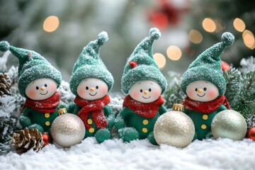 Cute christmas snow elves sitting in fresh snow outdoors