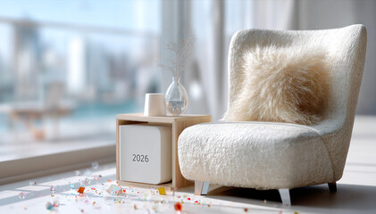 Bright Modern Living Room with Fluffy Cushion on Armchair and 2026 New Year Confetti