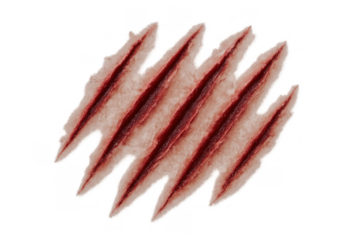 Bloody claw slashes on skin, showing deep injury and painful wounds from an attack, isolated transparent background