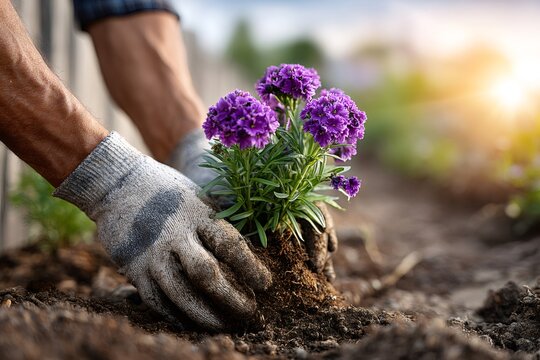 Gardener hands planting purple flowers into soil