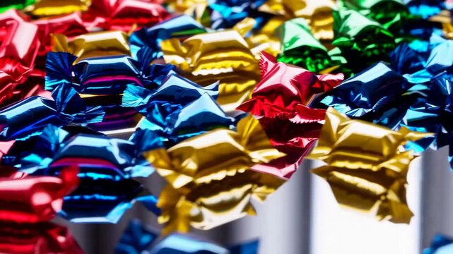 Closeup of a colorful candy wrapper with sweet assorted, festive vibrant celebration, cheerful, party.