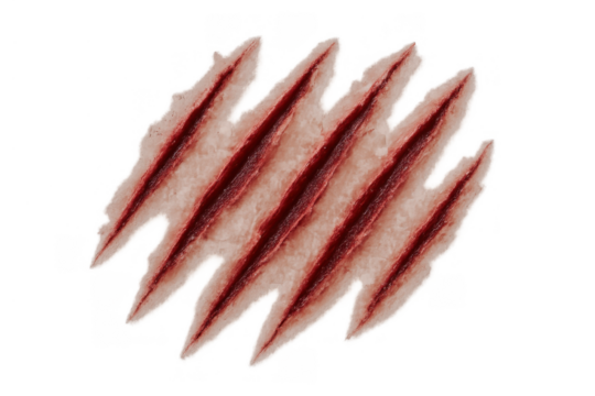 Bloody claw slashes on skin, showing deep injury and painful wounds from an attack, isolated transparent background