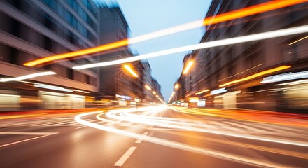 Blurry motion of car light trails on a city street at night, creating streaks of light between buildings