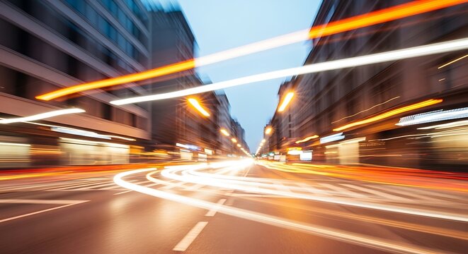 Blurry motion of car light trails on a city street at night, creating streaks of light between buildings - Powered by Adobe