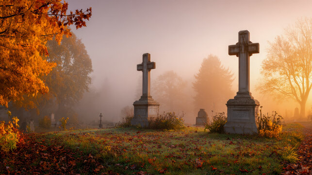 Misty autumn morning in a historic cemetery with illuminated crosses and vibrant fall foliage creating a serene and reflective atmosphere under soft sunrise light - Powered by Adobe