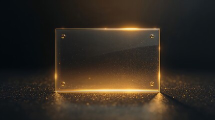 A glowing rectangular glass plaque with golden light on a dark background