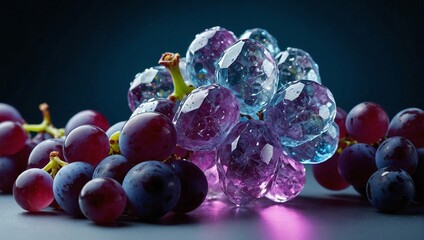 A photograph depicting dark grapes and crystals cut in the shape of grapes.
