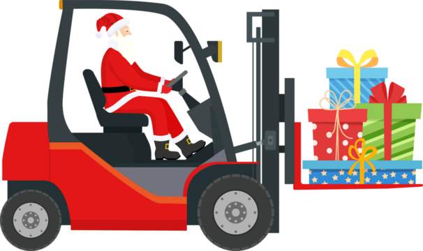 Santa Claus in Empty Red Forklift.