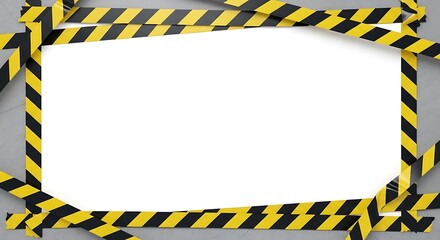 A rectangular white space framed by hazard warning tape with black and yellow diagonal stripes