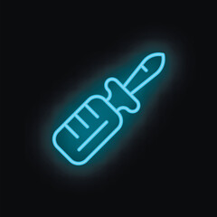 Obraz premium Blue glowing neon icon of a screwdriver on a black background, perfect for diy projects or construction themes
