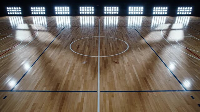Empty Basketball Court With Bright Lights at the Gymnasium