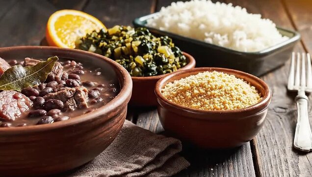 Hearty steaming feijoada with sausage and beef served in rustic bowl, a comforting Brazilian meal