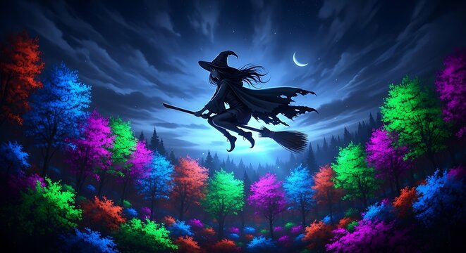 Magical Halloween night with a flying witch over a vibrant enchanted forest. - Powered by Adobe