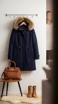 Stylish winter fashion video with a navy coat, tan bag and boots, perfect for lifestyle content creation and fashion blogging, showing seasonal trends