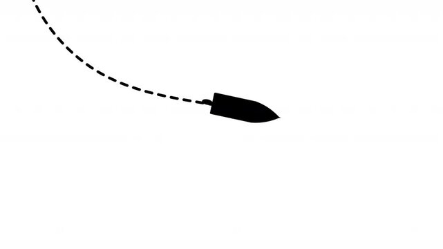 speedboat with dotted path downward right animation on white background. 4k video dashed line path route animation