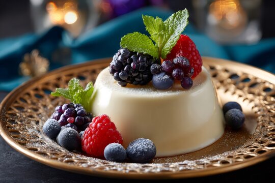 Panna cotta dessert with fresh mixed berries on gold plate
