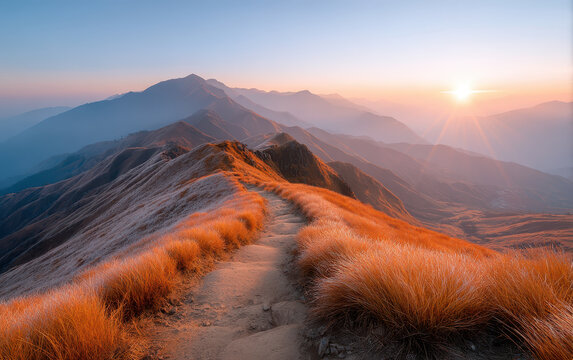 Stunning autumn landscape showcases rolling mountains bathed in warm sunlight. golden grass along winding path creates serene atmosphere, inviting exploration and reflection