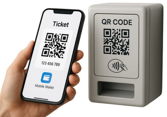 Smartphone displaying mobile wallet ticket scanning QR code on a device graphic design isolated on a transparent background