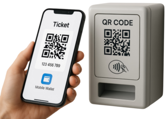 Smartphone displaying mobile wallet ticket scanning QR code on a device graphic design isolated on a transparent background