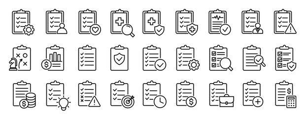 Clipboard icon set. Report and survey editable line icons. Vector illustration.  © Dear Lala