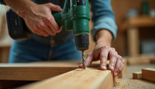 Woman operates power drill on wooden surface creating a hole. Focused hands work with tool in workshop setting. Close up reveals detail of wood grain and screw insertion.