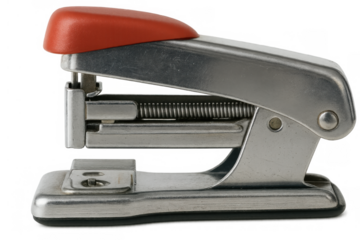 Red and metallic stapler creating order with essential office supplies, a tool for organizing documents and paperwork for business success