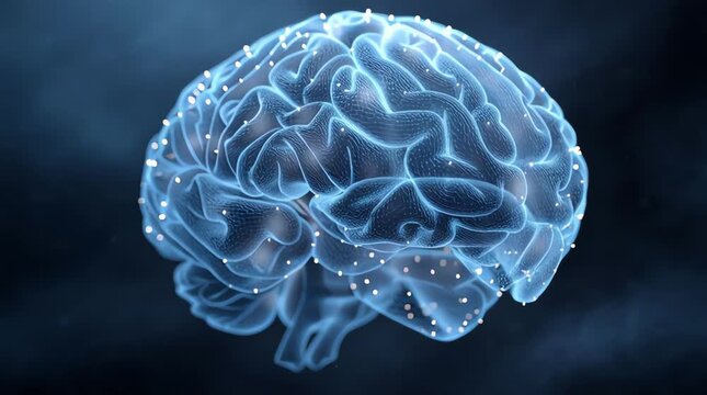 Digital Brain Visualization Showing Neural Networks in Motion with Glowing Data Points