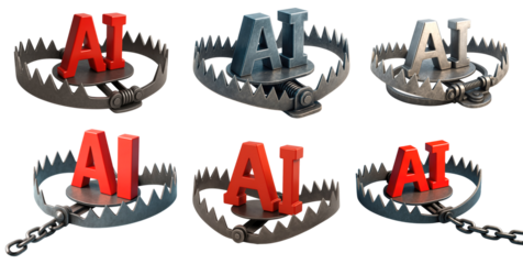 Six bear traps with AI letters inside on a white background artificial intelligence danger isolated on a transparent background