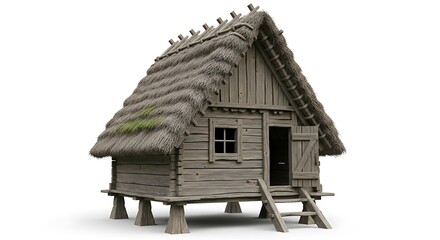 A rustic, old wooden hut with a thatched roof, elevated on stilts, featuring a small window and a simple doorway, isolated on white background