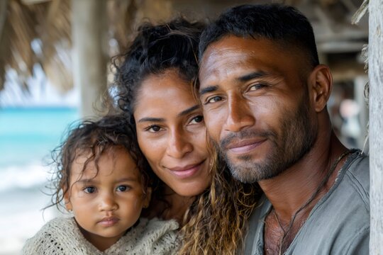 Indigenous family portrait by ocean hut embracing togetherness