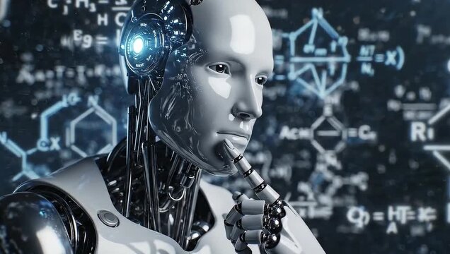 Advanced AI robot contemplating complex scientific equations, symbolizing future innovation and intelligence