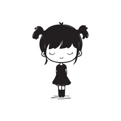Beautiful Kawaii Girl Black and White Vector Illustration in Cute Simple Line Art Style