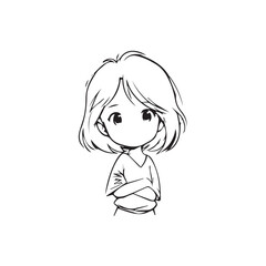 Beautiful Kawaii Girl Black and White Vector Illustration in Cute Simple Line Art Style