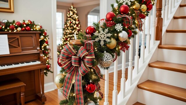 Close-up of a Christmas-decorated staircase banister with lush pine garland, plaid ribbons, red, gold, and silver ornaments, and warm lights creating a cozy holiday ambiance.