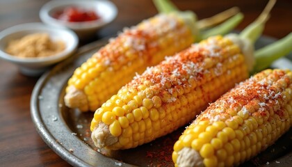 Close up photo of Mexican street food. Boiled corn on the cob served on plate with spices. Corn with cheese and chili powder looks delicious.