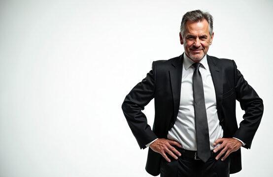 Middle-aged man in black suit stands confidently with hands on hips against white background. Smiles with smug expression, appearing proud, superior. Image suggests success, authority in business.