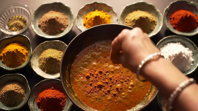 Cooking with spices in a dark kitchen.