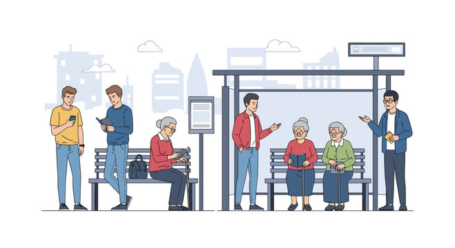 People waiting at a modern bus stop, including seniors and young adults, showing community connection and diverse demographics in urban setting