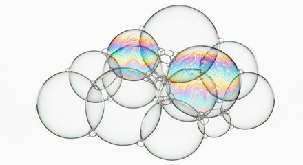 A close-up macro photograph of a cluster of iridescent soap bubbles reflecting rainbow colors against a white background.