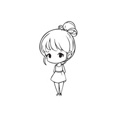 Beautiful Kawaii Girl Black and White Vector Illustration in Cute Simple Line Art Style