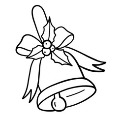 Christmas Bell with Holly Leaves and Ribbon, vector line art illustartion