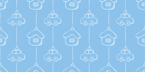 Vector seamless pattern with outline glass toys, decorations in form of car and house for xmas tree. Festive light blue background, texture for Christmas, New Year, winter design